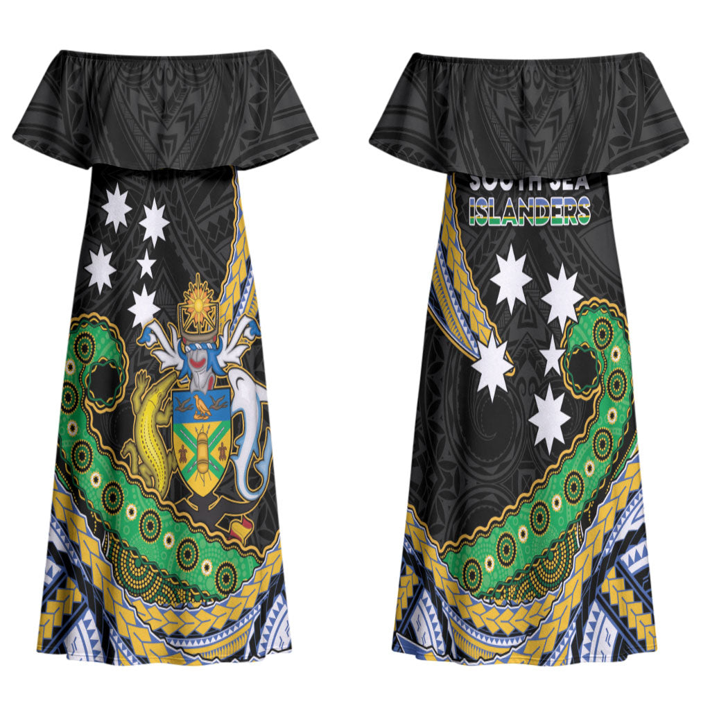 South Sea Islanders And Solomon Islands Family Matching Off Shoulder Maxi Dress and Hawaiian Shirt Solomons Coat Of Arms And Southern Cross DT05 Mom's Dress Black - Polynesian Pride