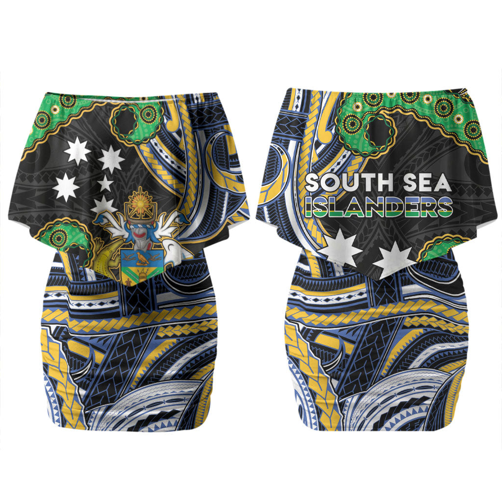 South Sea Islanders And Solomon Islands Family Matching Off Shoulder Short Dress and Hawaiian Shirt Solomons Coat Of Arms And Southern Cross DT05 Mom's Dress Black - Polynesian Pride