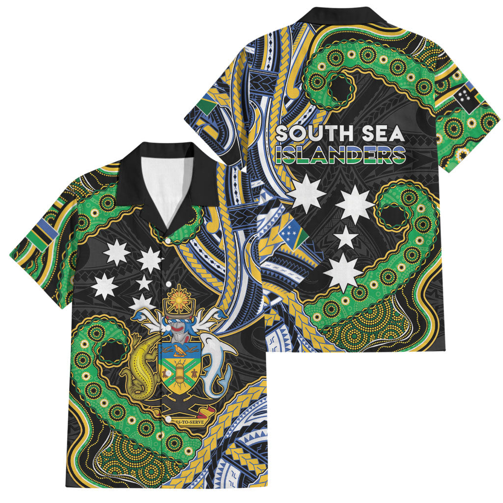 South Sea Islanders And Solomon Islands Family Matching Off Shoulder Short Dress and Hawaiian Shirt Solomons Coat Of Arms And Southern Cross DT05 Dad's Shirt - Short Sleeve Black - Polynesian Pride