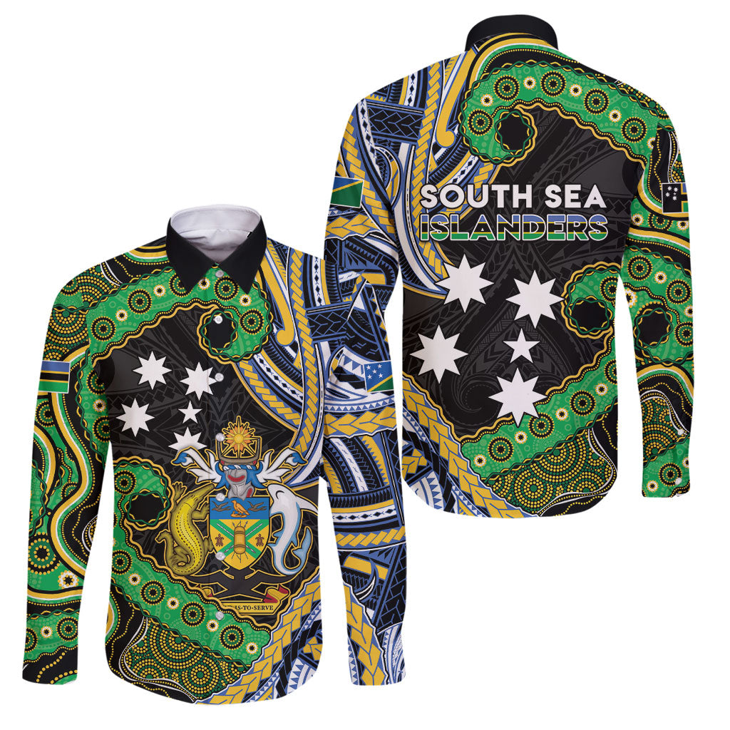 South Sea Islanders And Solomon Islands Family Matching Off Shoulder Short Dress and Hawaiian Shirt Solomons Coat Of Arms And Southern Cross DT05 Dad's Shirt - Long Sleeve Black - Polynesian Pride