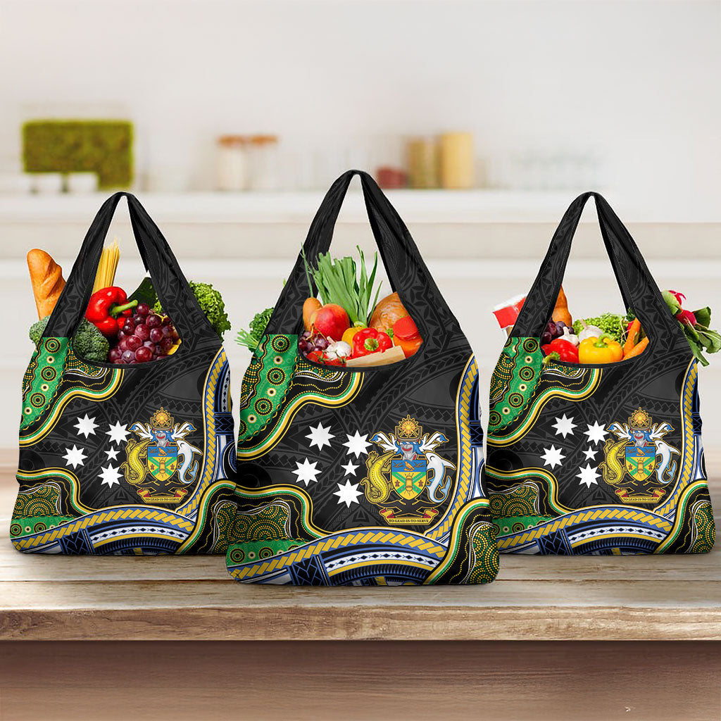 South Sea Islanders And Solomon Islands Grocery Bag Solomons Coat Of Arms And Southern Cross DT05 3-pack One Size Black - Polynesian Pride
