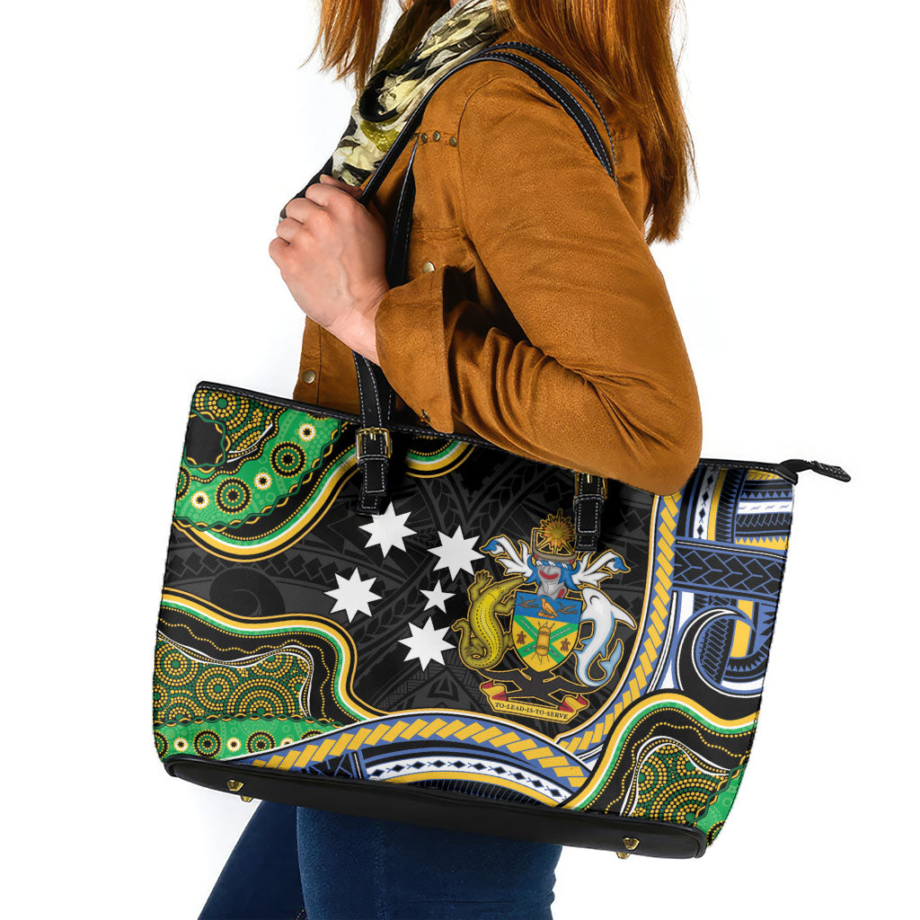 South Sea Islanders And Solomon Islands Leather Tote Bag Solomons Coat Of Arms And Southern Cross DT05 Black - Polynesian Pride