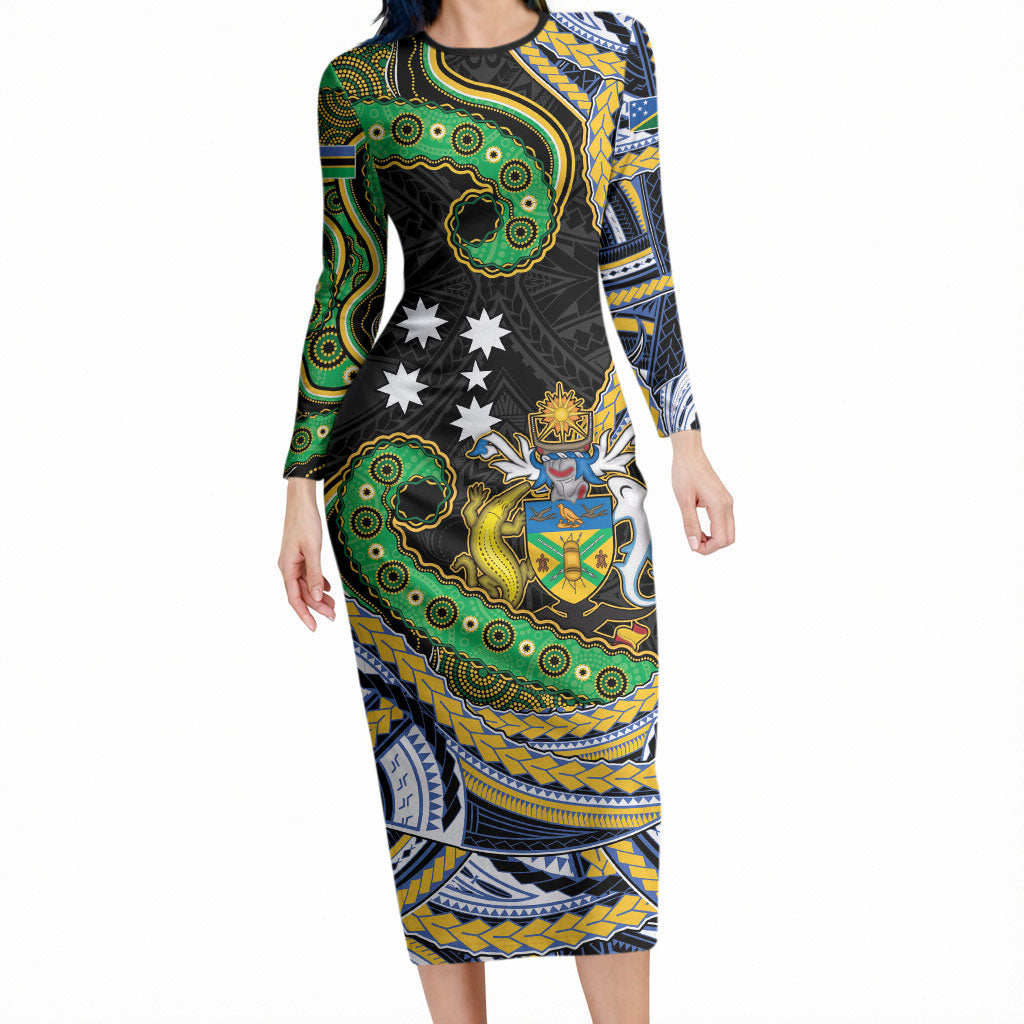 South Sea Islanders And Solomon Islands Long Sleeve Bodycon Dress Solomons Coat Of Arms And Southern Cross DT05 Long Dress Black - Polynesian Pride