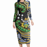 South Sea Islanders And Solomon Islands Long Sleeve Bodycon Dress Solomons Coat Of Arms And Southern Cross DT05 Long Dress Black - Polynesian Pride