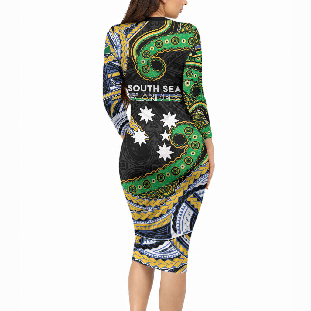 South Sea Islanders And Solomon Islands Long Sleeve Bodycon Dress Solomons Coat Of Arms And Southern Cross DT05 - Polynesian Pride
