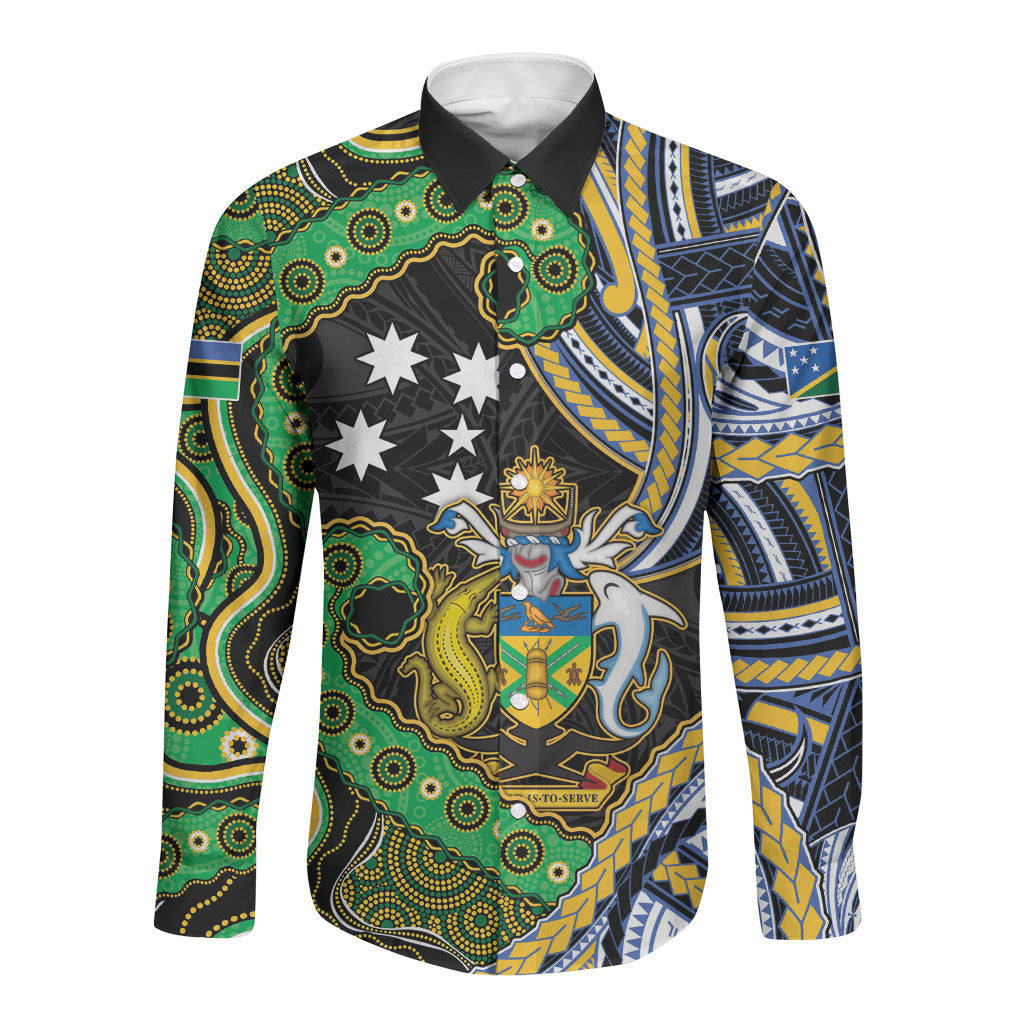 South Sea Islanders And Solomon Islands Long Sleeve Button Shirt Solomons Coat Of Arms And Southern Cross DT05 Unisex Black - Polynesian Pride