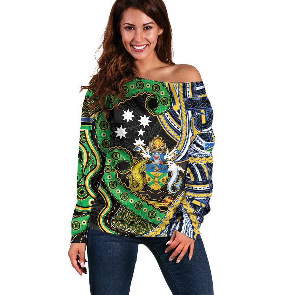 South Sea Islanders And Solomon Islands Off Shoulder Sweater Solomons Coat Of Arms And Southern Cross DT05 Women Black - Polynesian Pride
