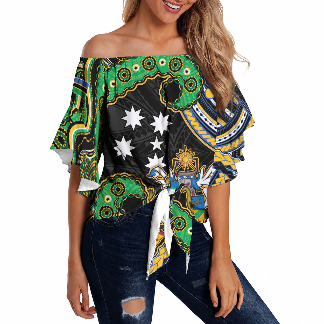South Sea Islanders And Solomon Islands Off Shoulder Wrap Waist Top Solomons Coat Of Arms And Southern Cross DT05 Black - Polynesian Pride