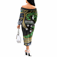 South Sea Islanders And Solomon Islands Off The Shoulder Long Sleeve Dress Solomons Coat Of Arms And Southern Cross DT05 - Polynesian Pride
