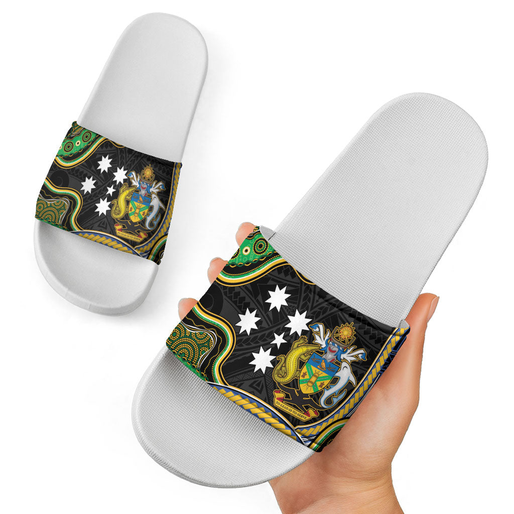 South Sea Islanders And Solomon Islands Slide Sandals Solomons Coat Of Arms And Southern Cross DT05 - Polynesian Pride