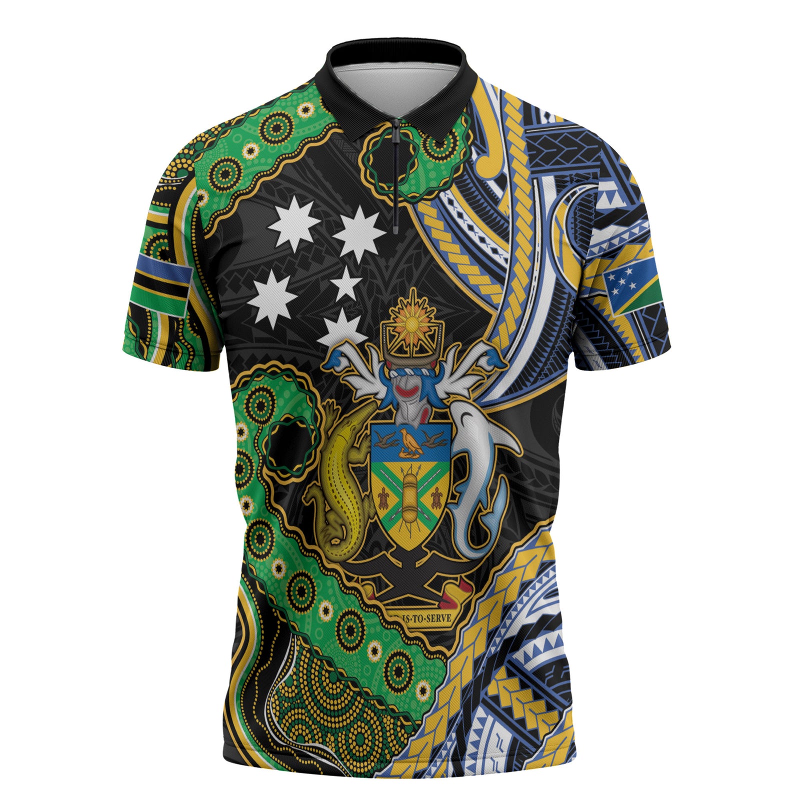 South Sea Islanders And Solomon Islands Zipper Polo Shirt Solomons Coat Of Arms And Southern Cross DT05 Black - Polynesian Pride