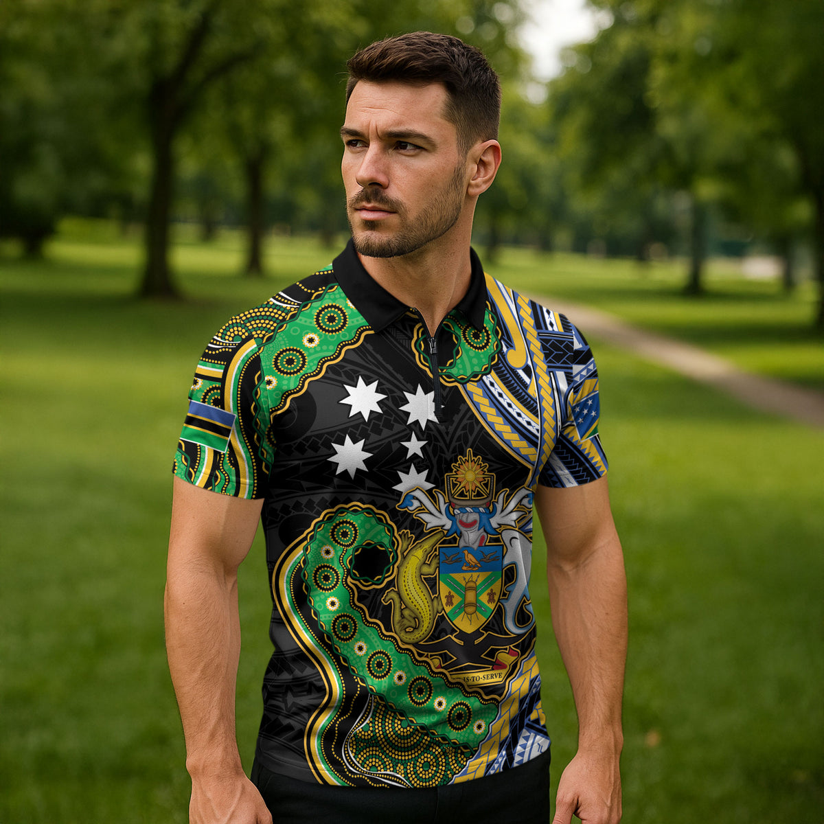 South Sea Islanders And Solomon Islands Zipper Polo Shirt Solomons Coat Of Arms And Southern Cross DT05 - Polynesian Pride