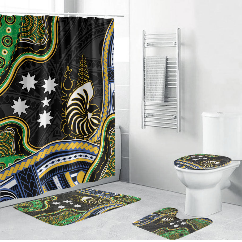 South Sea Islanders And New Caledonia Bathroom Set Nautilus Shell Southern Cross Tribal Pattern DT05 Bathroom Set (4 pcs) Black - Polynesian Pride