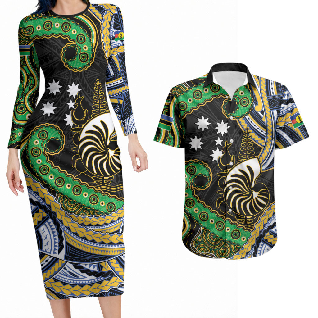 South Sea Islanders And New Caledonia Couples Matching Long Sleeve Bodycon Dress and Hawaiian Shirt Nautilus Shell Southern Cross Tribal Pattern DT05 Black - Polynesian Pride