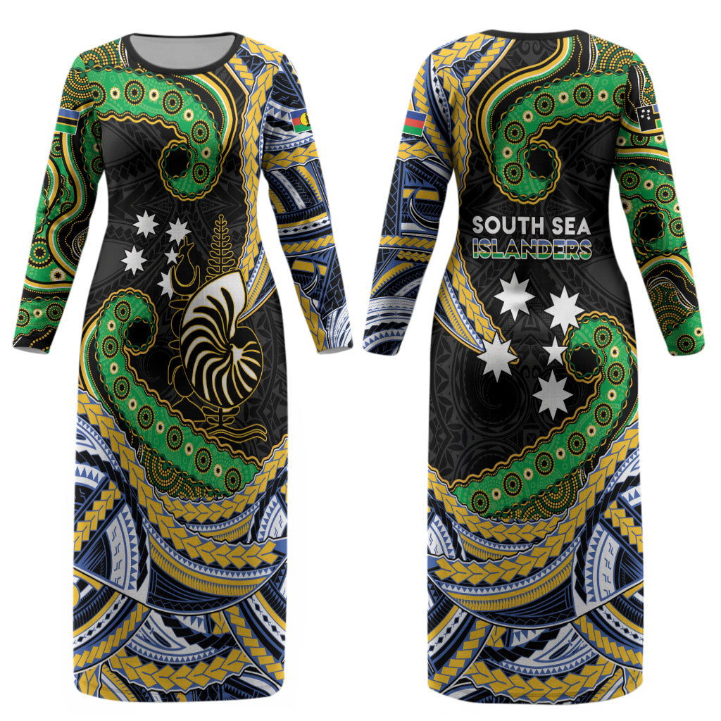 South Sea Islanders And New Caledonia Couples Matching Long Sleeve Bodycon Dress and Hawaiian Shirt Nautilus Shell Southern Cross Tribal Pattern DT05 - Polynesian Pride