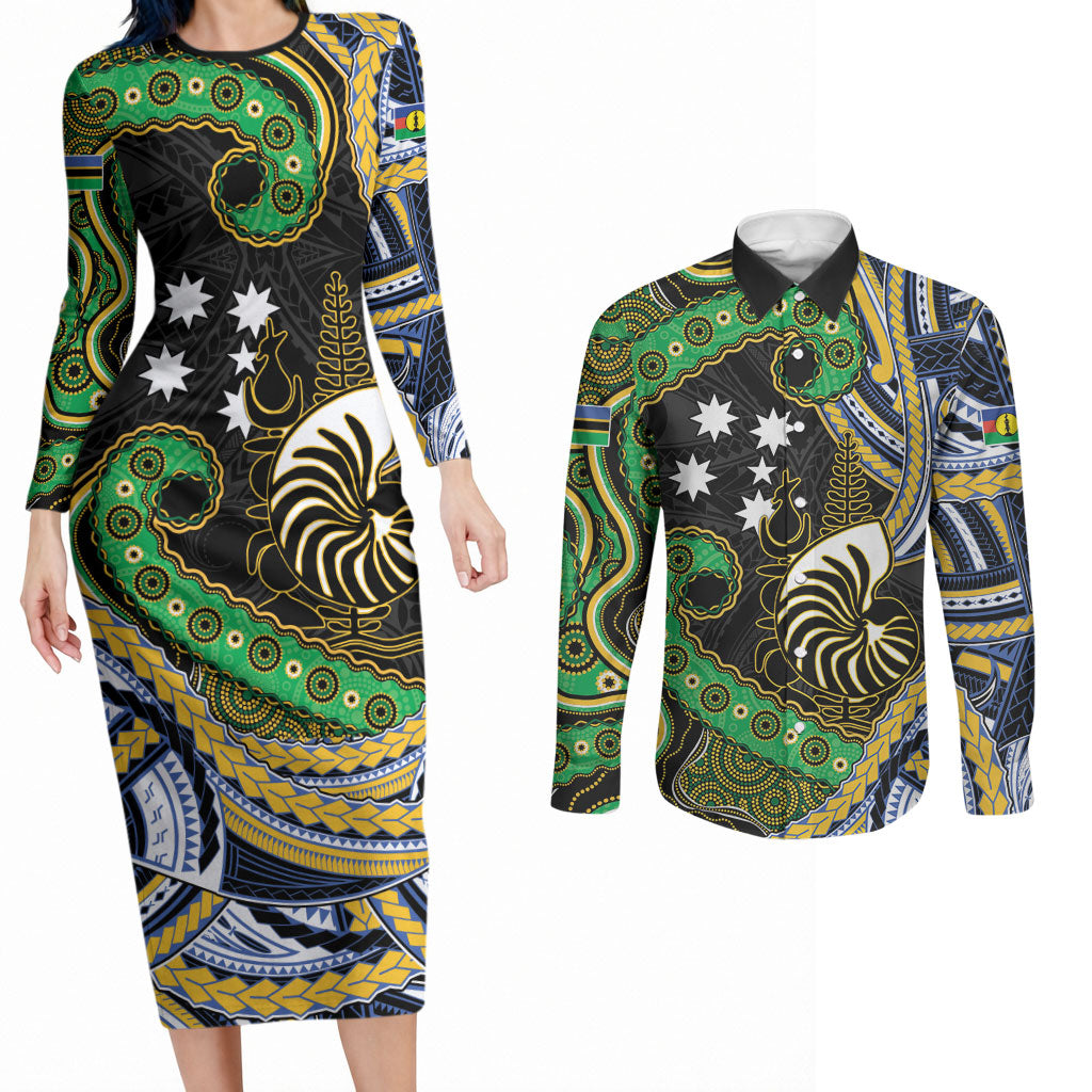 South Sea Islanders And New Caledonia Couples Matching Long Sleeve Bodycon Dress and Long Sleeve Button Shirt Nautilus Shell Southern Cross Tribal Pattern DT05 Black - Polynesian Pride