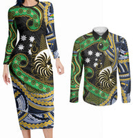 South Sea Islanders And New Caledonia Couples Matching Long Sleeve Bodycon Dress and Long Sleeve Button Shirt Nautilus Shell Southern Cross Tribal Pattern DT05 Black - Polynesian Pride