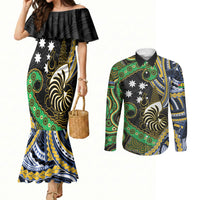 South Sea Islanders And New Caledonia Couples Matching Mermaid Dress and Long Sleeve Button Shirt Nautilus Shell Southern Cross Tribal Pattern DT05 Black - Polynesian Pride