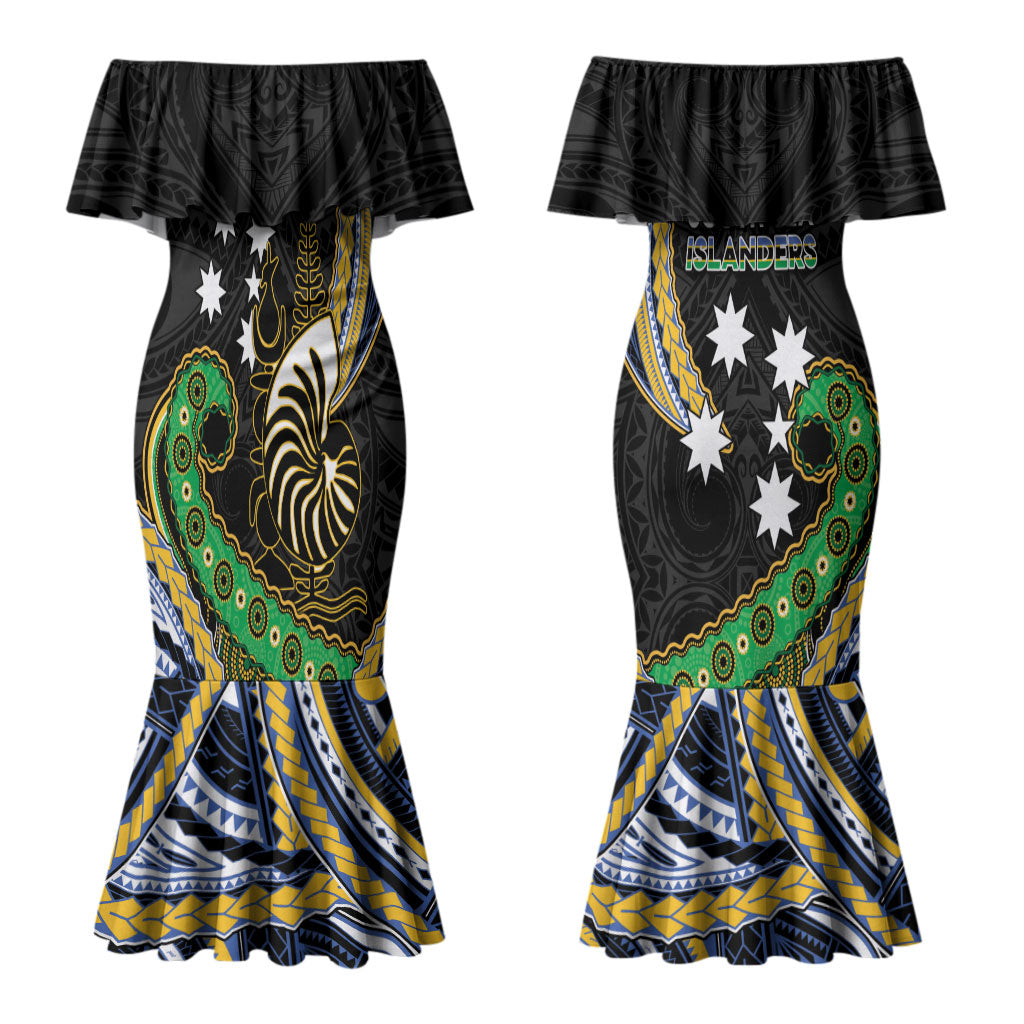 South Sea Islanders And New Caledonia Couples Matching Mermaid Dress and Long Sleeve Button Shirt Nautilus Shell Southern Cross Tribal Pattern DT05 - Polynesian Pride