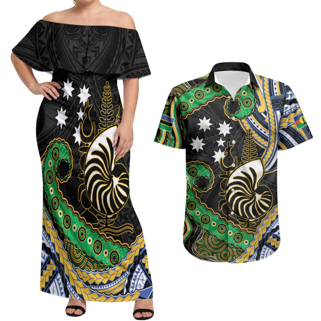 South Sea Islanders And New Caledonia Couples Matching Off Shoulder Maxi Dress and Hawaiian Shirt Nautilus Shell Southern Cross Tribal Pattern DT05 Black - Polynesian Pride
