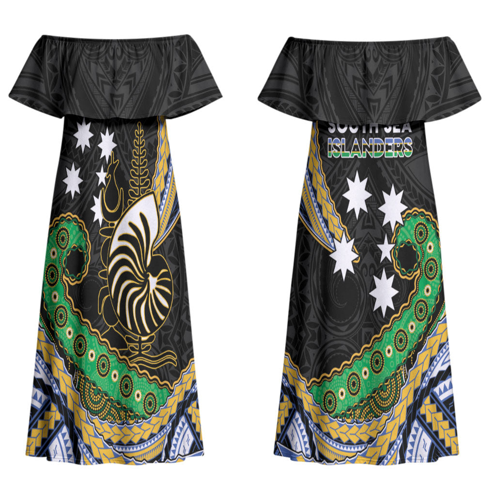 South Sea Islanders And New Caledonia Couples Matching Off Shoulder Maxi Dress and Hawaiian Shirt Nautilus Shell Southern Cross Tribal Pattern DT05 - Polynesian Pride