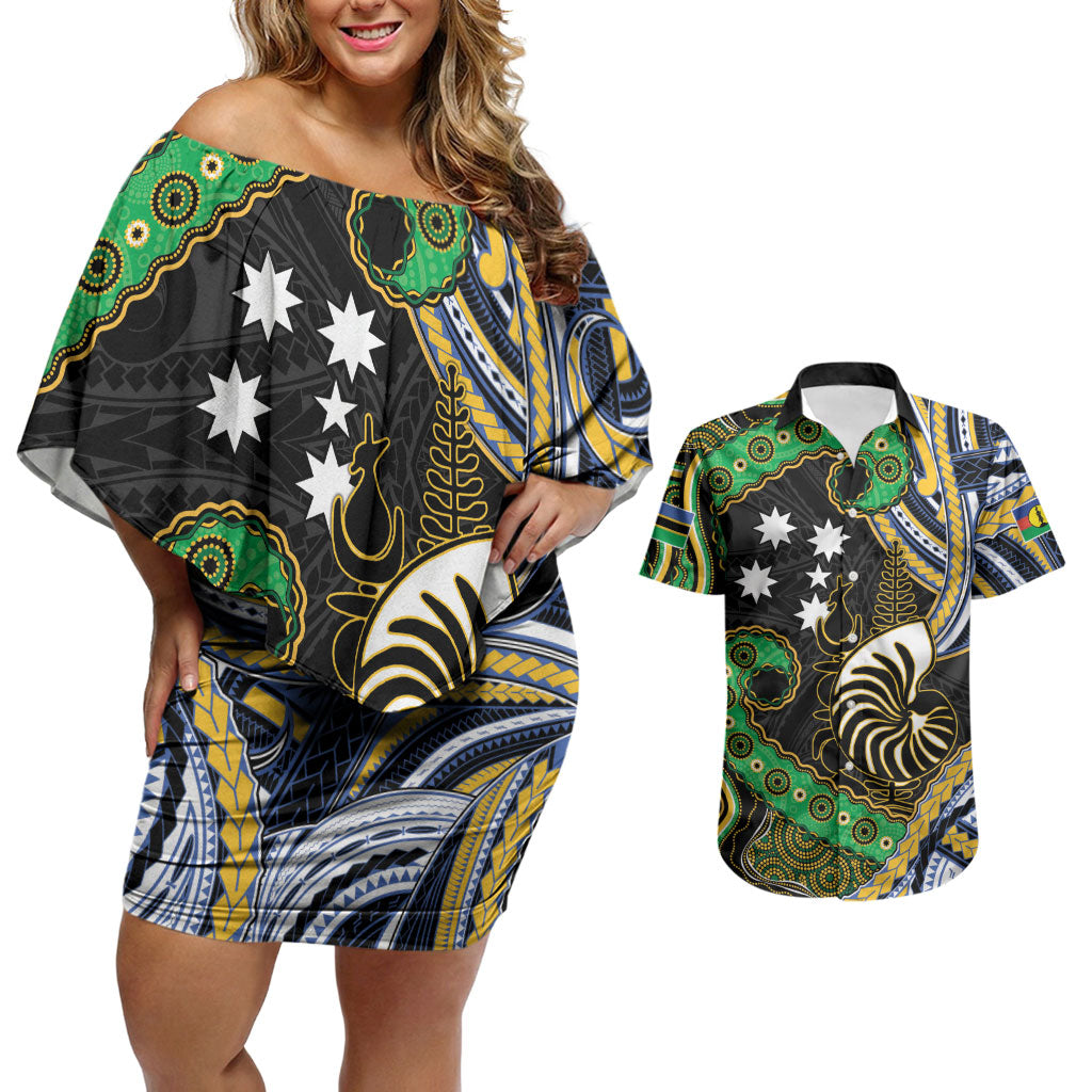 South Sea Islanders And New Caledonia Couples Matching Off Shoulder Short Dress and Hawaiian Shirt Nautilus Shell Southern Cross Tribal Pattern DT05 Black - Polynesian Pride