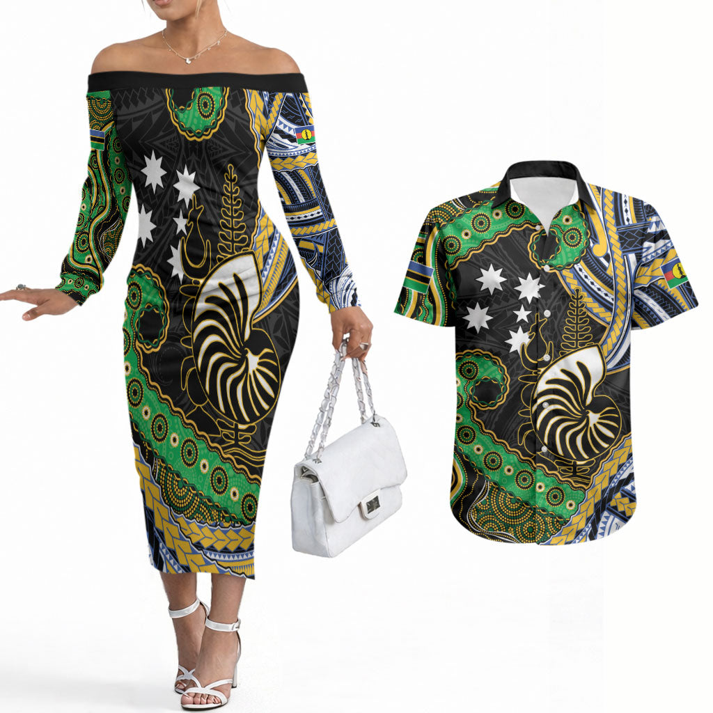 South Sea Islanders And New Caledonia Couples Matching Off The Shoulder Long Sleeve Dress and Hawaiian Shirt Nautilus Shell Southern Cross Tribal Pattern DT05 Black - Polynesian Pride