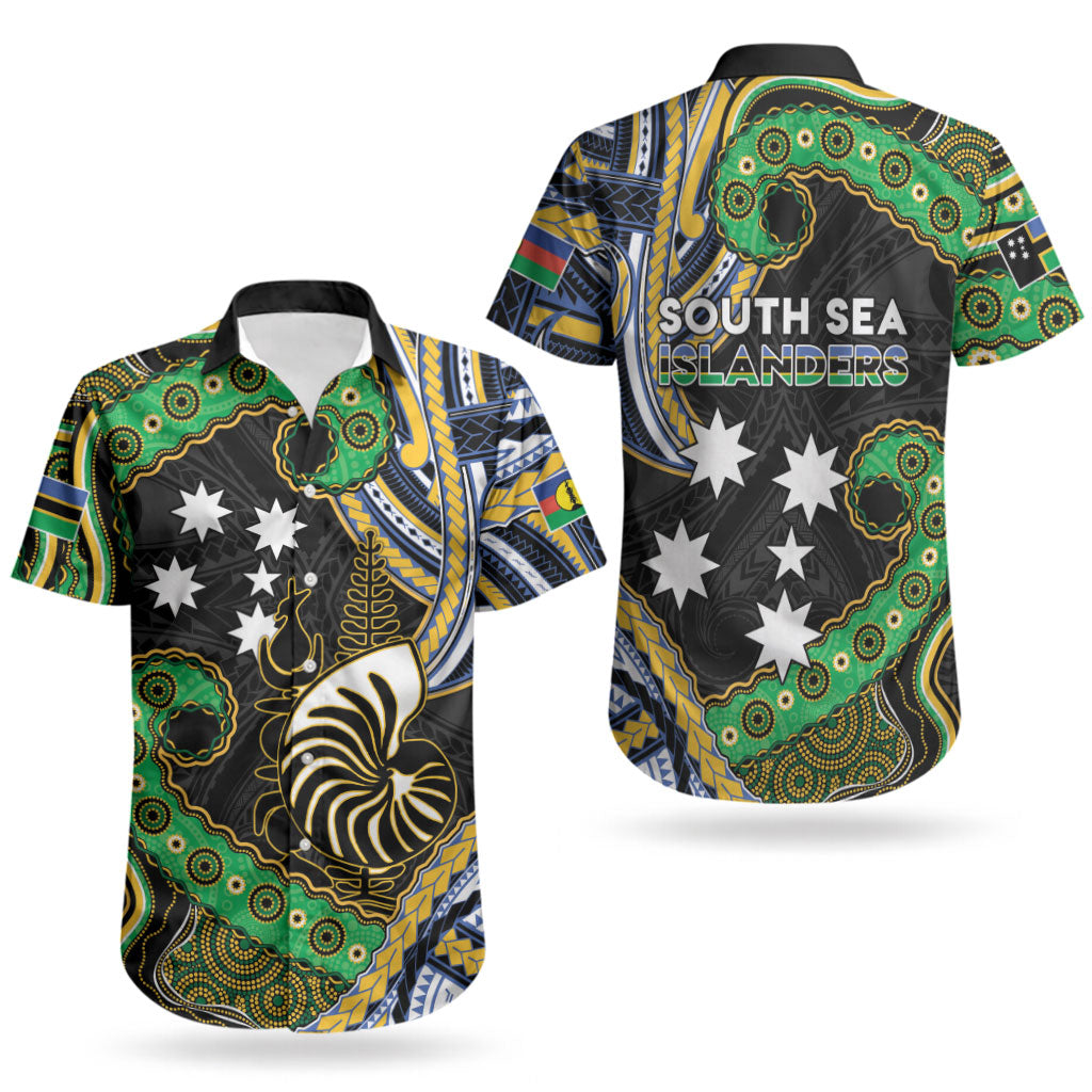 South Sea Islanders And New Caledonia Couples Matching Off The Shoulder Long Sleeve Dress and Hawaiian Shirt Nautilus Shell Southern Cross Tribal Pattern DT05 - Polynesian Pride