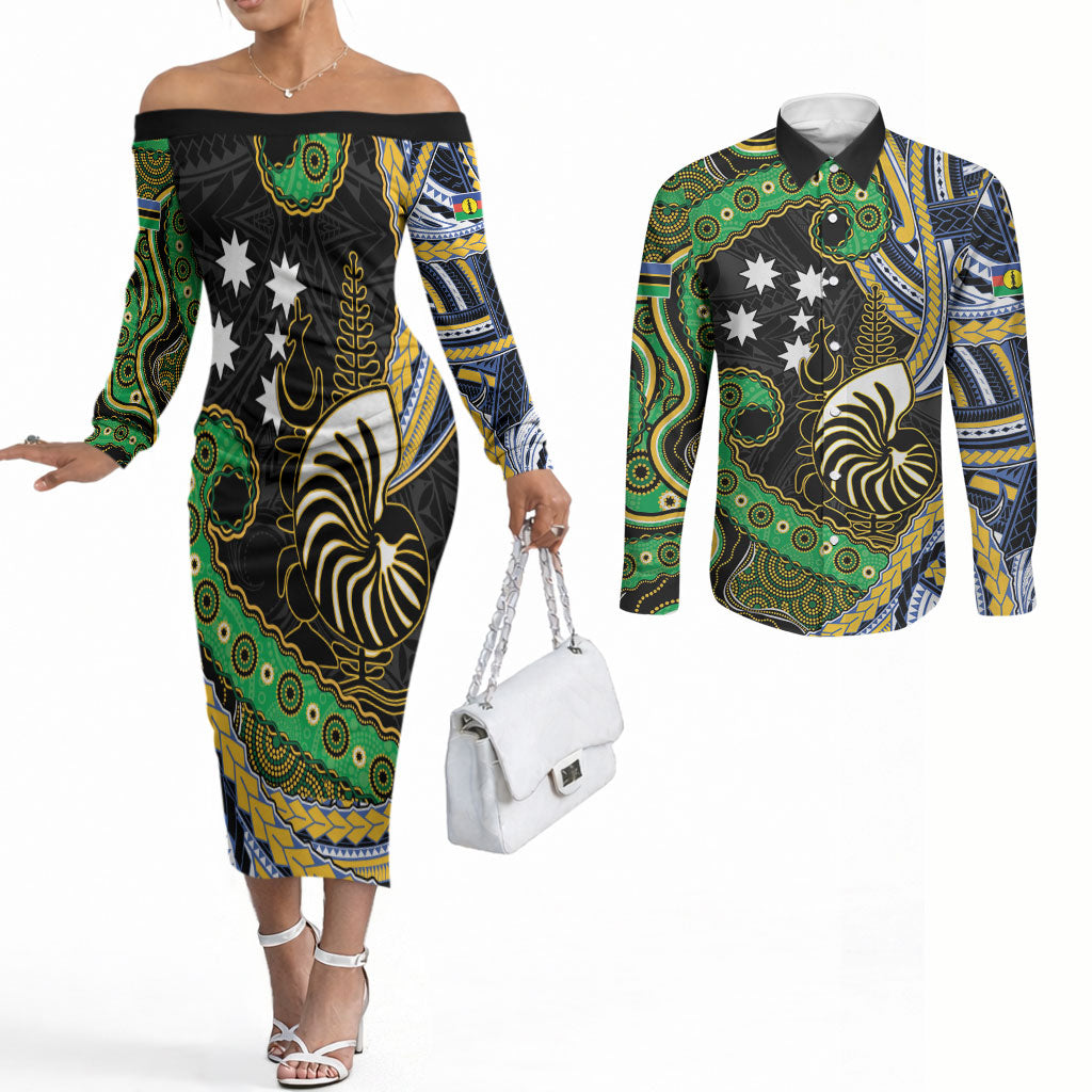South Sea Islanders And New Caledonia Couples Matching Off The Shoulder Long Sleeve Dress and Long Sleeve Button Shirt Nautilus Shell Southern Cross Tribal Pattern DT05 Black - Polynesian Pride