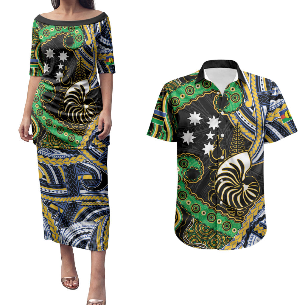 South Sea Islanders And New Caledonia Couples Matching Puletasi and Hawaiian Shirt Nautilus Shell Southern Cross Tribal Pattern DT05 Black - Polynesian Pride
