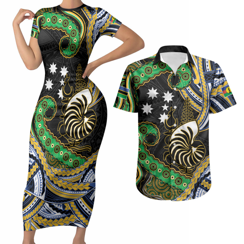 South Sea Islanders And New Caledonia Couples Matching Short Sleeve Bodycon Dress and Hawaiian Shirt Nautilus Shell Southern Cross Tribal Pattern DT05 Black - Polynesian Pride