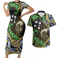 South Sea Islanders And New Caledonia Couples Matching Short Sleeve Bodycon Dress and Hawaiian Shirt Nautilus Shell Southern Cross Tribal Pattern DT05 Black - Polynesian Pride