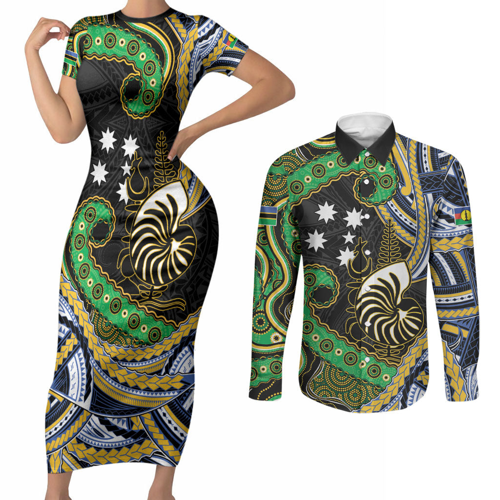 South Sea Islanders And New Caledonia Couples Matching Short Sleeve Bodycon Dress and Long Sleeve Button Shirt Nautilus Shell Southern Cross Tribal Pattern DT05 Black - Polynesian Pride