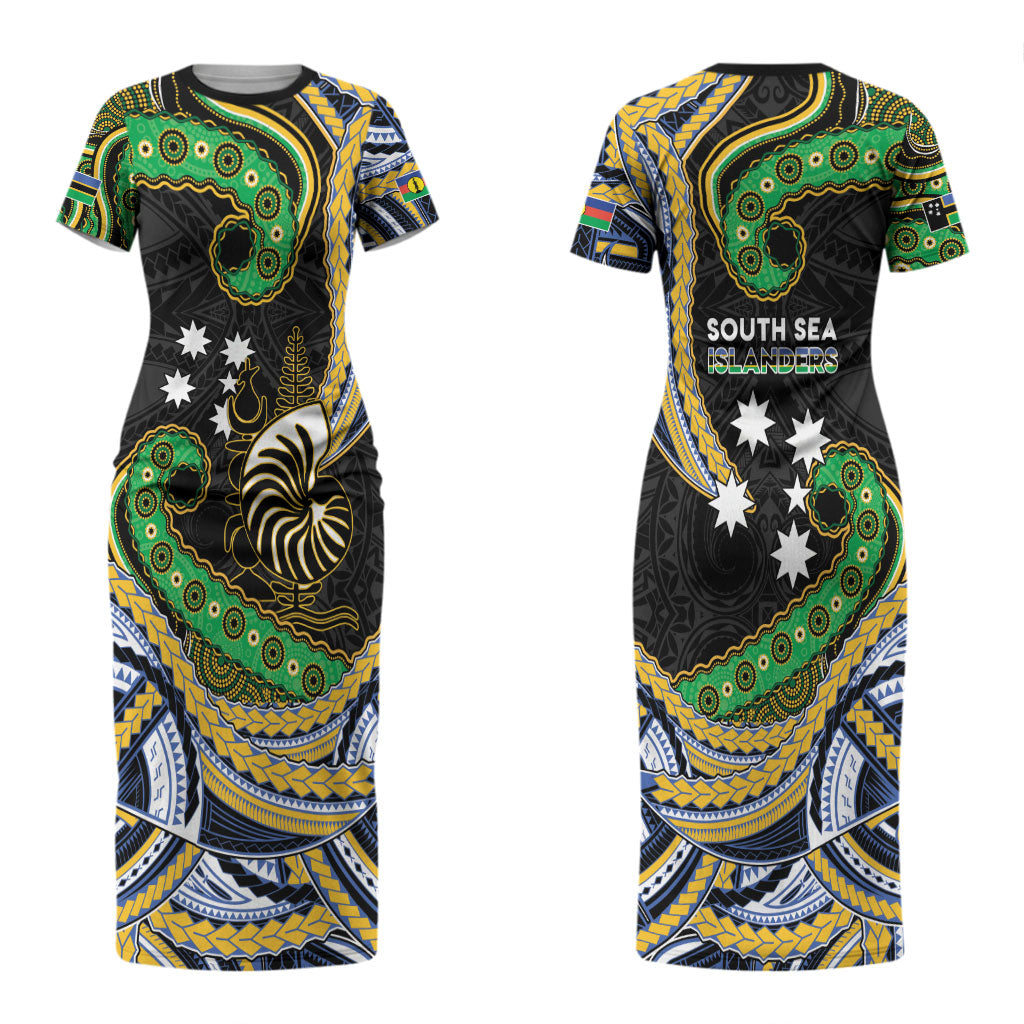 South Sea Islanders And New Caledonia Couples Matching Short Sleeve Bodycon Dress and Long Sleeve Button Shirt Nautilus Shell Southern Cross Tribal Pattern DT05 - Polynesian Pride
