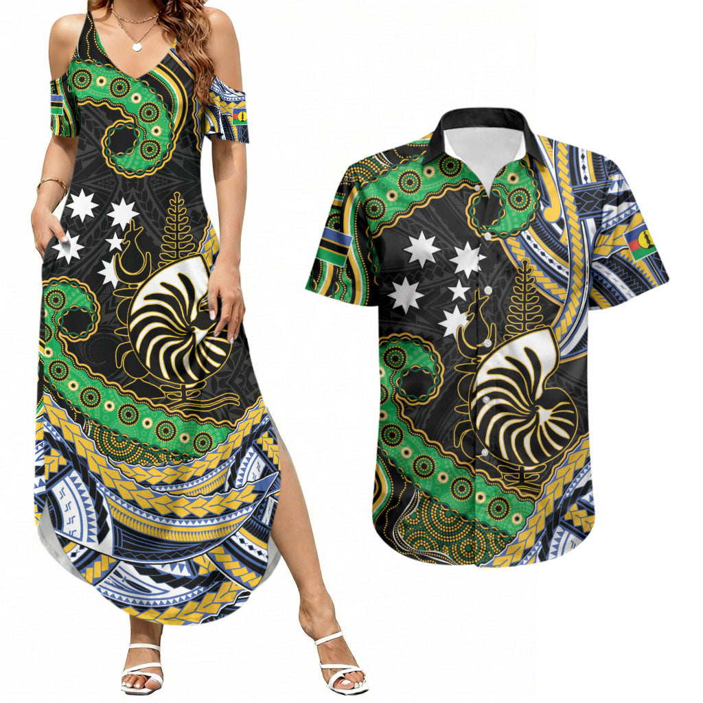 South Sea Islanders And New Caledonia Couples Matching Summer Maxi Dress and Hawaiian Shirt Nautilus Shell Southern Cross Tribal Pattern DT05 Black - Polynesian Pride