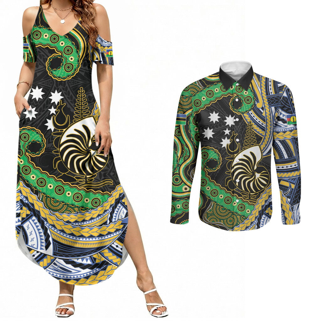 South Sea Islanders And New Caledonia Couples Matching Summer Maxi Dress and Long Sleeve Button Shirt Nautilus Shell Southern Cross Tribal Pattern DT05 Black - Polynesian Pride