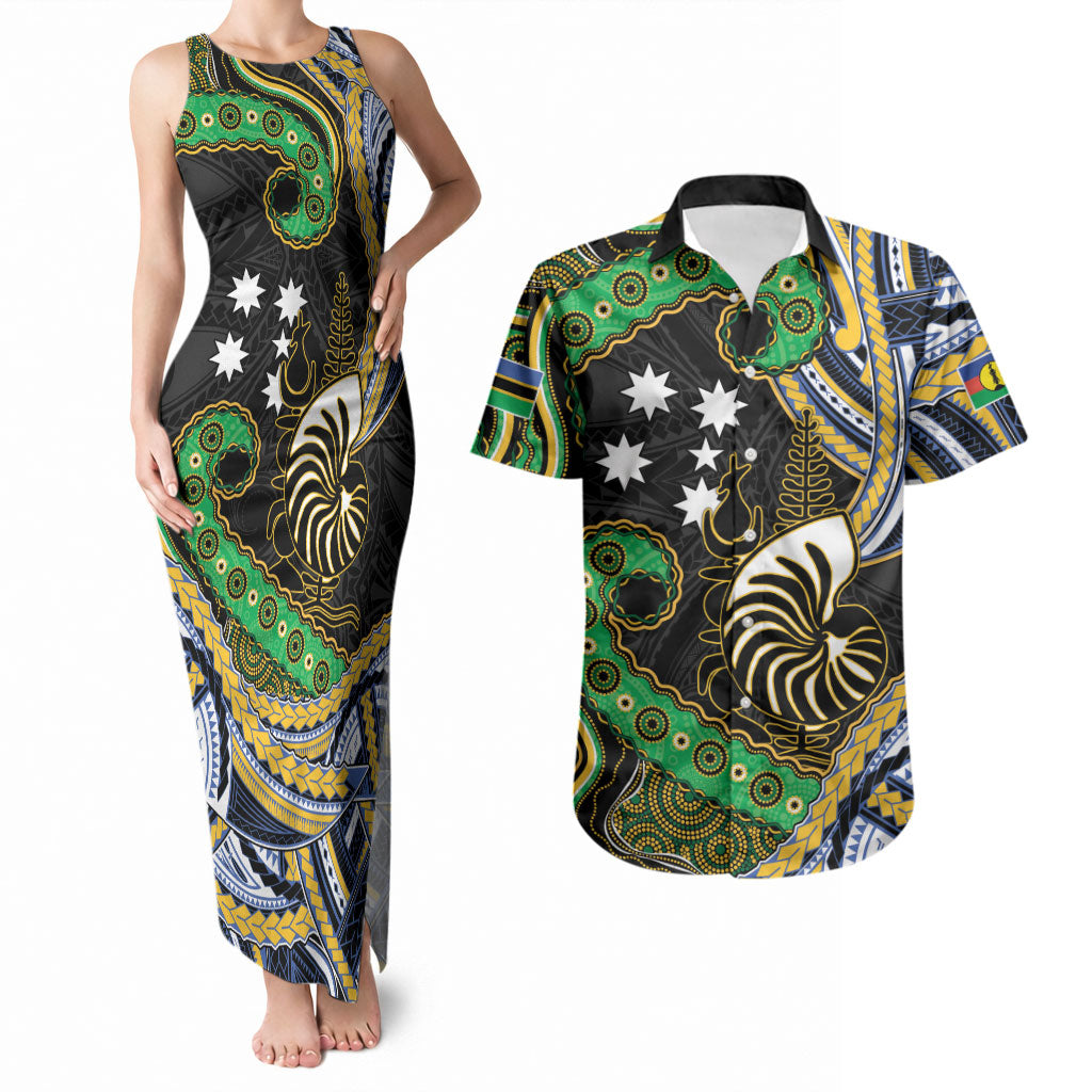 South Sea Islanders And New Caledonia Couples Matching Tank Maxi Dress and Hawaiian Shirt Nautilus Shell Southern Cross Tribal Pattern DT05 Black - Polynesian Pride