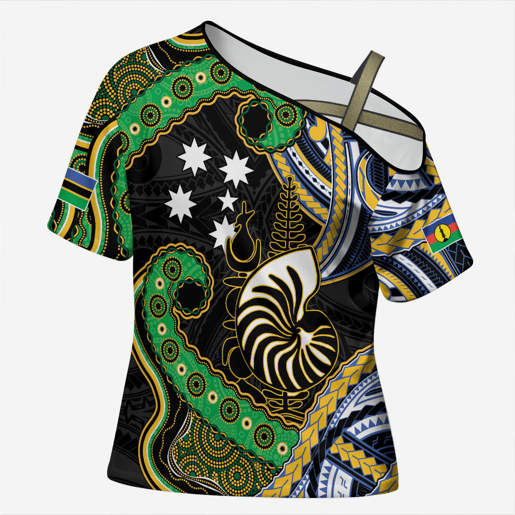 South Sea Islanders And New Caledonia Cross Shoulder Shirt Nautilus Shell Southern Cross Tribal Pattern DT05 Female Black - Polynesian Pride