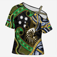 South Sea Islanders And New Caledonia Cross Shoulder Shirt Nautilus Shell Southern Cross Tribal Pattern DT05 Female Black - Polynesian Pride