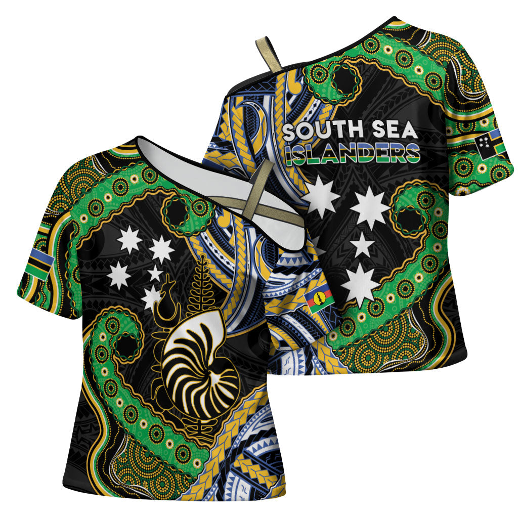 South Sea Islanders And New Caledonia Cross Shoulder Shirt Nautilus Shell Southern Cross Tribal Pattern DT05 - Polynesian Pride