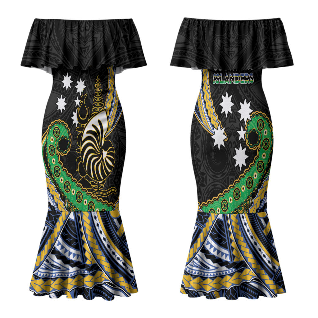 South Sea Islanders And New Caledonia Family Matching Mermaid Dress and Hawaiian Shirt Nautilus Shell Southern Cross Tribal Pattern DT05 Mom's Dress Black - Polynesian Pride