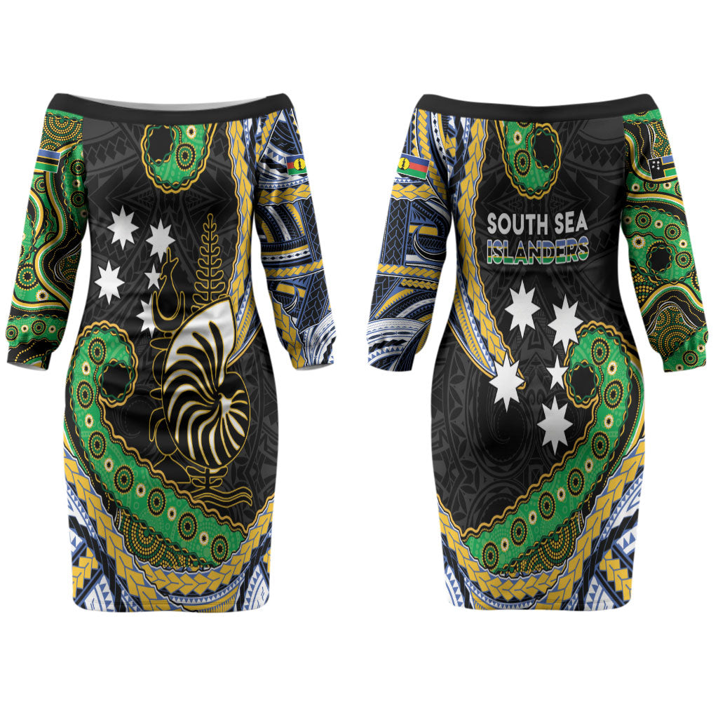 South Sea Islanders And New Caledonia Family Matching Off The Shoulder Long Sleeve Dress and Hawaiian Shirt Nautilus Shell Southern Cross Tribal Pattern DT05 Mom's Dress Black - Polynesian Pride