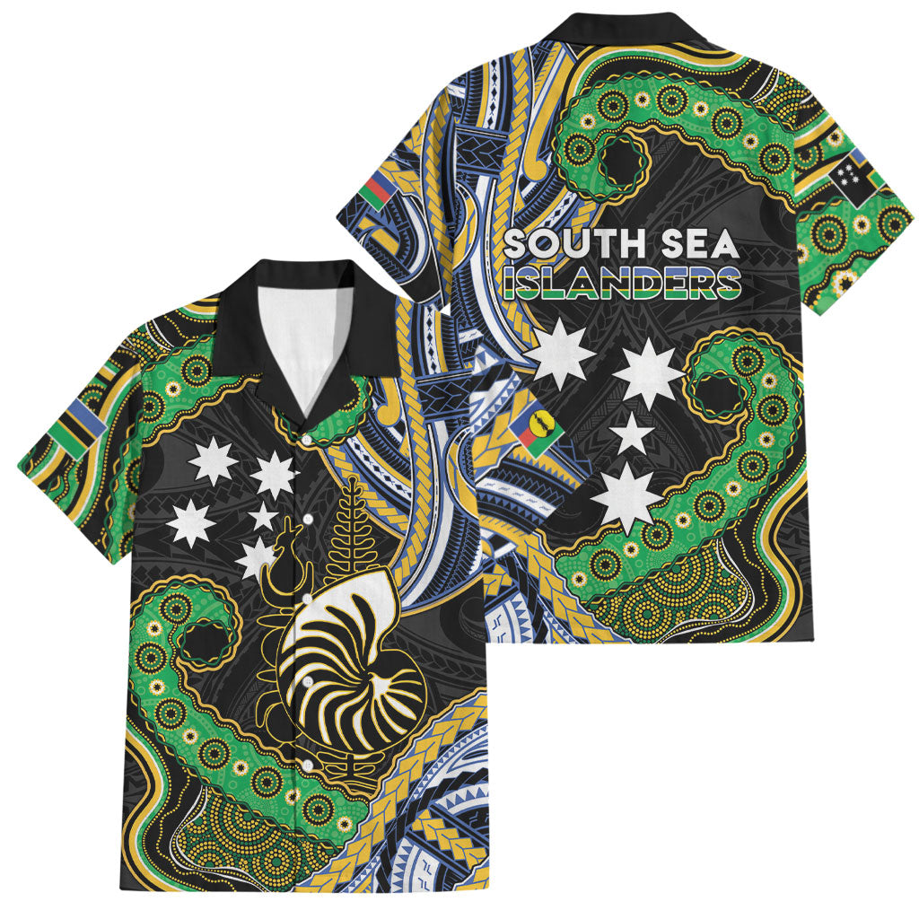 South Sea Islanders And New Caledonia Family Matching Off The Shoulder Long Sleeve Dress and Hawaiian Shirt Nautilus Shell Southern Cross Tribal Pattern DT05 Dad's Shirt - Short Sleeve Black - Polynesian Pride
