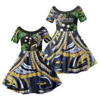 South Sea Islanders And New Caledonia Family Matching Off The Shoulder Long Sleeve Dress and Hawaiian Shirt Nautilus Shell Southern Cross Tribal Pattern DT05 Daughter's Dress Black - Polynesian Pride