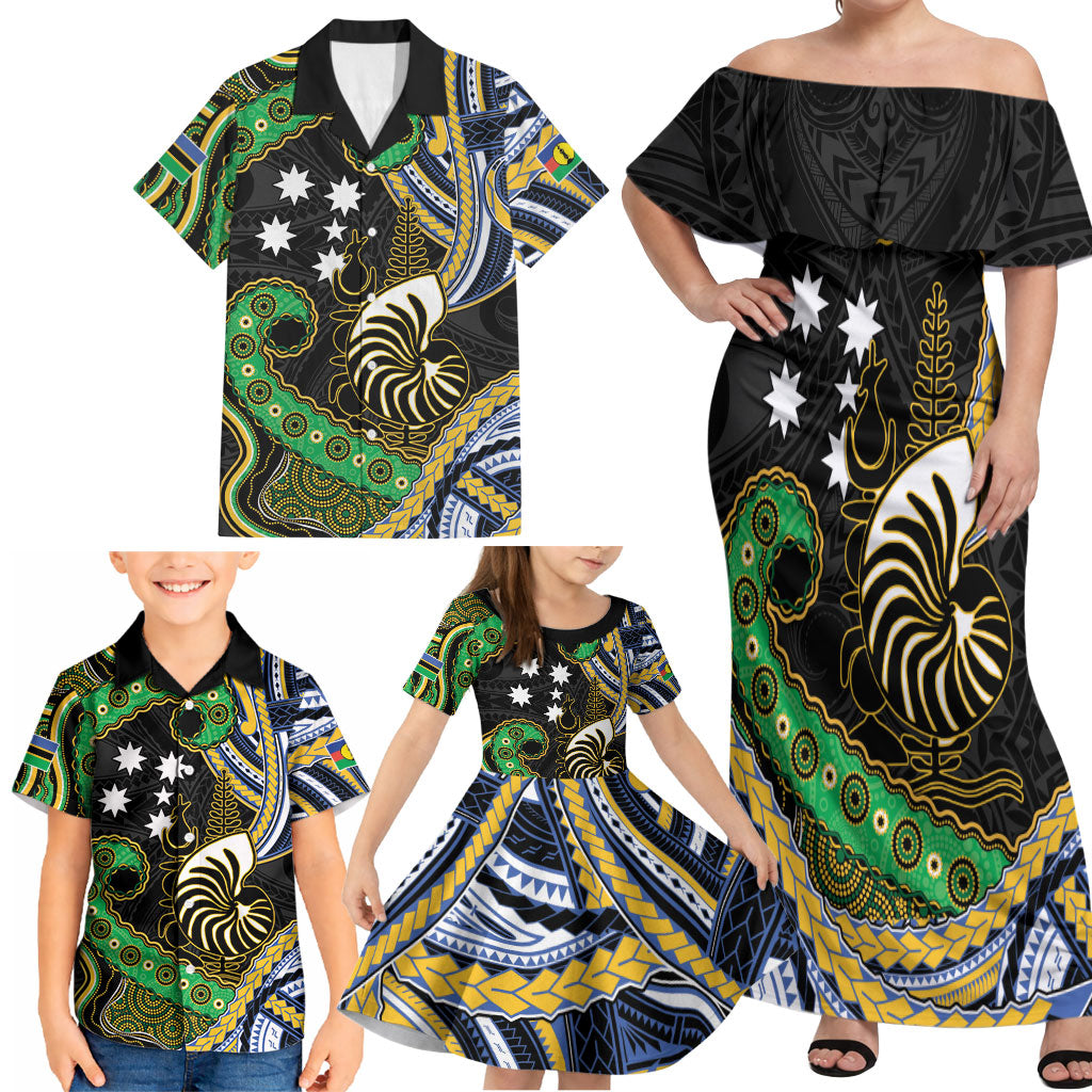 South Sea Islanders And New Caledonia Family Matching Off Shoulder Maxi Dress and Hawaiian Shirt Nautilus Shell Southern Cross Tribal Pattern DT05 - Polynesian Pride
