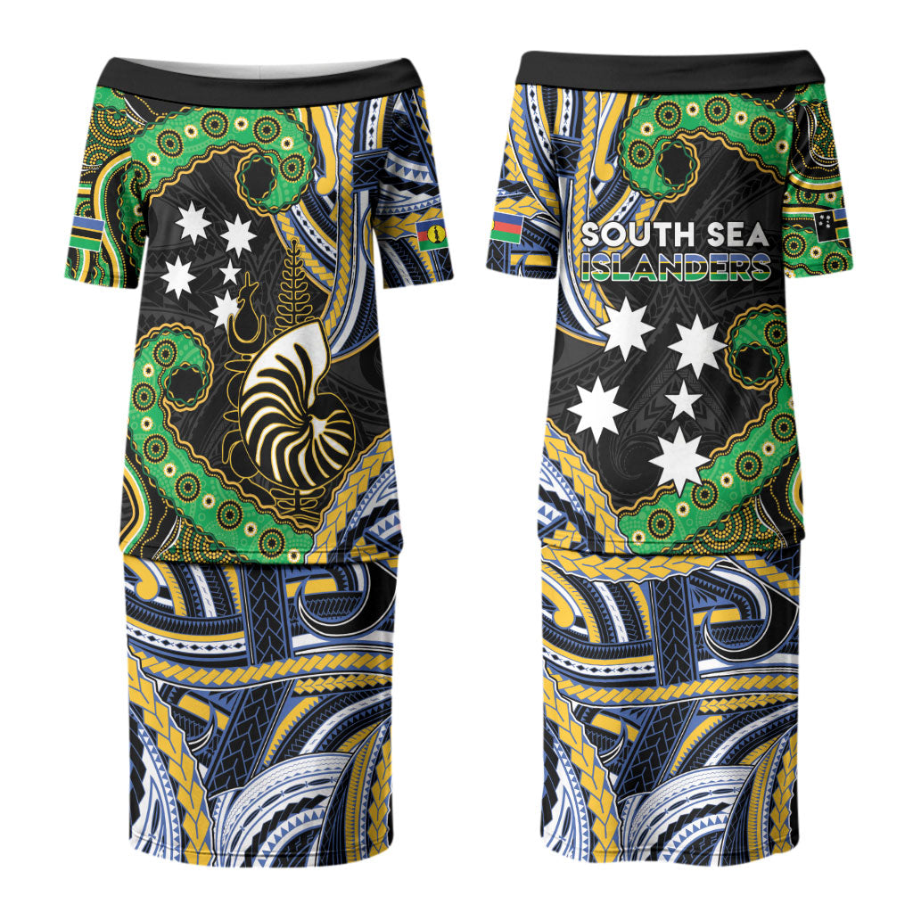 South Sea Islanders And New Caledonia Family Matching Puletasi and Hawaiian Shirt Nautilus Shell Southern Cross Tribal Pattern DT05 Mom's Dress Black - Polynesian Pride