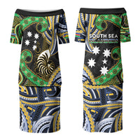 South Sea Islanders And New Caledonia Family Matching Puletasi and Hawaiian Shirt Nautilus Shell Southern Cross Tribal Pattern DT05 Mom's Dress Black - Polynesian Pride