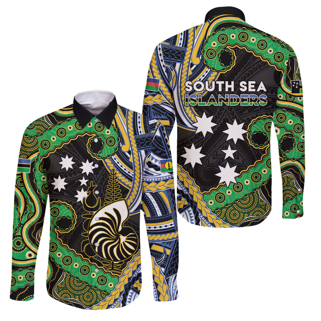 South Sea Islanders And New Caledonia Family Matching Puletasi and Hawaiian Shirt Nautilus Shell Southern Cross Tribal Pattern DT05 Dad's Shirt - Long Sleeve Black - Polynesian Pride