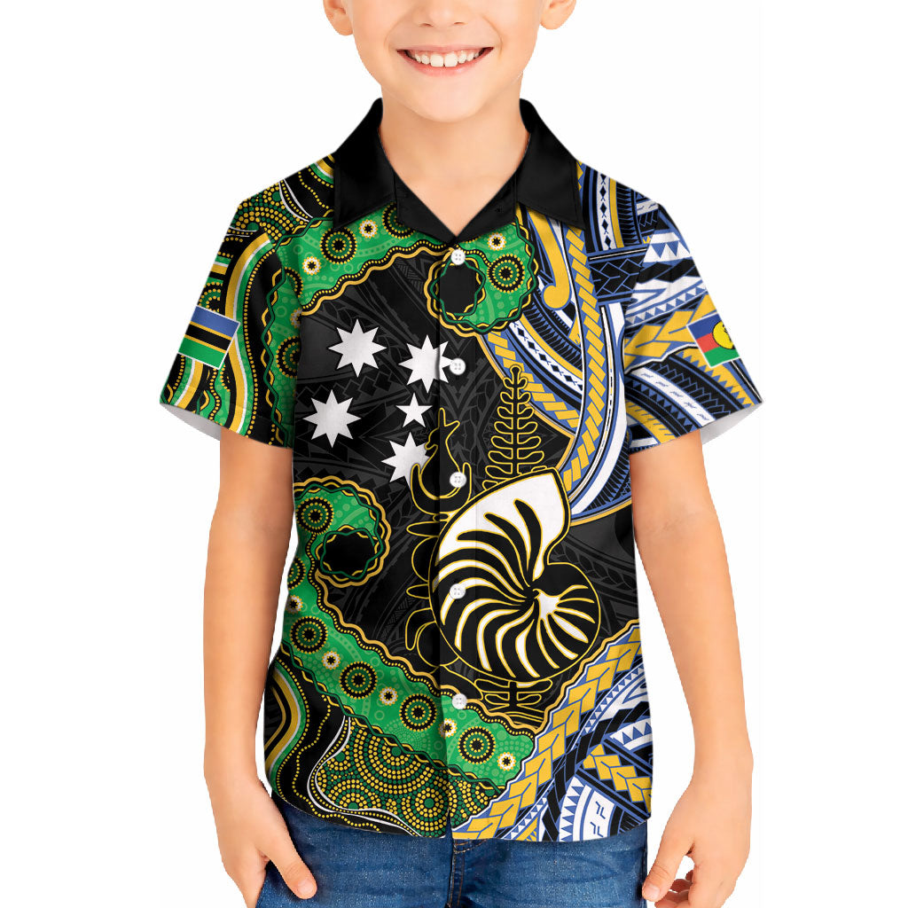 South Sea Islanders And New Caledonia Kid Hawaiian Shirt Nautilus Shell Southern Cross Tribal Pattern DT05 Kid Black - Polynesian Pride