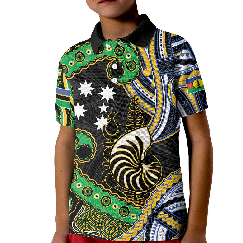 South Sea Islanders And New Caledonia Kid Polo Shirt Nautilus Shell Southern Cross Tribal Pattern DT05 Kid Black - Polynesian Pride